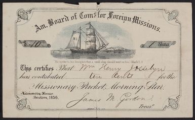 Certificate for the missionary packet, Morning Star, American Board of Commissioners for Foreign Missions, Missionary House, Boston, Mass., 1856