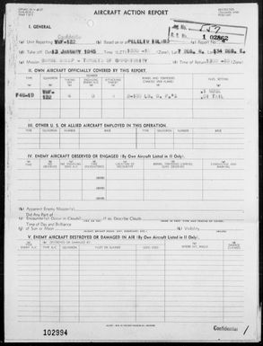 VMF-122 - ACA Report #4-6 - Barge Sweep & Bombing & Strafing Targets of Opportunity in the Palau Islands & Armed Photo-Reconnaissance Mission to Woleai Island, Carolines, 1/12 & 13/45