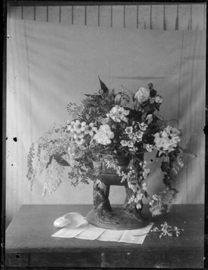 Mixed flowers in a bowl on a wooden stool with a nautilus shell beside the stool, Melbourne, ca. 1955 / Sarah Chinnery