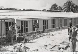 Japanese prisoners held at the RAN War Criminal Compound at an RAN shore base are constructing a new naval hospital at the compound under the direction of the Works Unit. Work on this RAN base ..