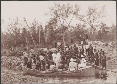 Missionaries and crew departing Vipaka on boat, Loh, Torres Islands, 1906 / J.W. Beattie