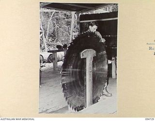 YALU AREA, NEW GUINEA, 1945-07-30. SAPPER R.G. WINSOR FILING A 66-INCH SAW AT THE SAW DOCTORS SHOP, NO. 2 PLATOON, 2/1 FORESTRY COMPANY, ROYAL AUSTRALIAN ENGINEERS, PHOTOGRAPHED AT THE REQUEST OF ..