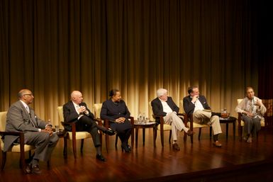 A Path to Equality: The Impact of the Civil Rights Acts of the 1960s; from left to right: Michael Steele, former Chairman of the Republican National Committee and Lieutenant Governor of Maryland; Jim Jones, former Chief of Staff to President Johnson, Congressman, and Ambassador to Mexico; Carol Moseley Braun, former Senator and Ambassador to New Zealand and Samoa; Charles Ferris, former Chairman of the FCC; moderator Todd Purdum, writer at Politico; and Eleanor Holmes Norton, Congresswoman for the District of Columbia