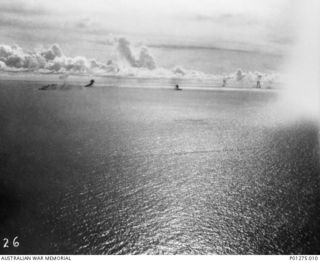 Bismarck Sea. 1943-03-03. Japanese shipping on fire after attack by Beaufighter aircraft of No. 30 Squadron RAAF during the Battle of the Bismarck Sea fought about 40 miles north west of Buna when ..