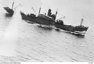 Bismarck Sea. 1943. Enemy shipping under attack by Allied aircraft during the battle of the Bismarck Sea