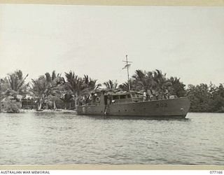 JACQUINOT BAY, NEW BRITAIN. 1944-11-21. THE RAN AIR-SEA RESCUE LAUNCH (502) LAURIANA AT ANCHOR IN THE BAY. THIS RAN SECTION IS UNDER THE COMMAND OF THE RAAF