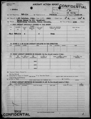 VMF-114 - ACA Form Rep #1010-44 - Rep of Barge Sweep & strafing Targets of Opportunity in the Palau Is, 10/22/44