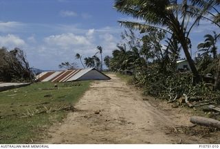 Cyclone damage at Pangi villiage, Lifuka Island.  This image relates to the service of Michael Church, 17 Construction Squadron, who was a member of the Cyclone Isaac mission in 1982, in Tonga.  ..