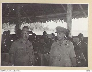 NADZAB, NEW GUINEA, 1945-05-11. GENERAL SIR THOMAS A. BLAMEY, COMMANDER-IN-CHIEF, ALLIED LAND FORCES, SOUTH WEST PACIFIC AREA (1), WITH COLONEL W.M. EDWARDS, COMMANDER PACIFIC ISLANDS REGIMENT (2), ..