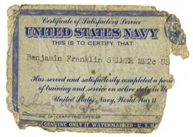 [Navy Certificate of Satisfactory Service Card for Benjamin Franklin Selmer]