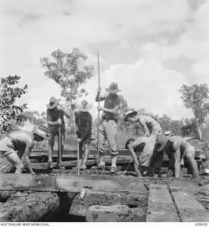 DONADABU, NEW GUINEA. 1943-11-03. TROOPS OF NO. 3 PLATOON, 18TH AUSTRALIAN FIELD PARK COMPANY, ROYAL AUSTRALIAN ENGINEERS REBUILDING A BRIDGE OVER THE EWARIGO CREEK. SHOWN: NX154506 LANCE CORPORAL ..