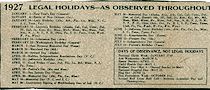 1927 Legal Holidays