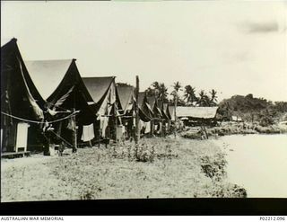 Aitape, New Guinea. 1945-01. The Sisters' tent lines at the 2/11th Australian General Hospital (2/11AGH) by the side of the Aitape River. In an area prone to flooding note how close the river is