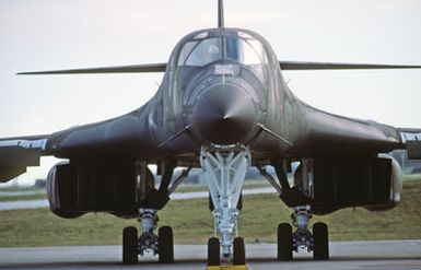 A front view of a B-1B aircraft parked on the flight line during Exercise DISTANT MARINER