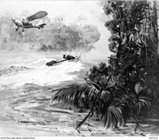 A SPOTTING PLANE DIRECTS A RESCUE BOAT TO THE SCENE OF AN AIRCRAFT CRASH ON THE LALOKI RIVER, 1943-12. DRAWN BY WAR ARTIST ROY HODGKINSON AND PUBLISHED IN AUSTRALIA IN THE WAR OF 1939-45, MEDICAL, ..