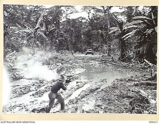 TOROKINA, BOUGAINVILLE. 1945-08-02. A MATILDA TANK BECAME BOGGED DURING THE TRIALS OF THE M24 GENERAL CHAFFEE LIGHT TANK, CONDUCTED FOR THE WAR OFFICE. DURING THE RECOVERY OPERATIONS A TREE TO ..