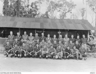 Group photograph of members of the 226 Supply Depot Platoon.
Back Row – Standing (left to right):
VX144842 Private (Pte) Reginald Donald Hayward;  SX39879 Pte Harold John Champion; NX153719 ..