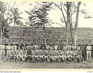 LAE, NEW GUINEA. 1944-03-29. OFFICERS OF HEADQUARTERS LAE BASE SUB-AREA. LEFT TO RIGHT, BACK ROW: NX100969 LIEUTENANT (LT) F. P. LOCKE; SX14196 CHAPLAIN C. N. SWAN; VX63229 CAPTAIN (CAPT) A. W. ..