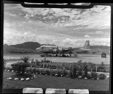 British Commonwealth Pacific Airlines DC6 aircraft arriving at Nadi airport, Fiji