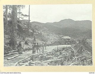 MILNE BAY, NEW GUINEA. 1943-03. MEMBERS OF "D" COMPANY, 2/1ST PIONEER BATTALION, ASSISTED BY NATIVE BOYS, RECONSTRUCTING HILL STATION ROAD WITH CORDUROY