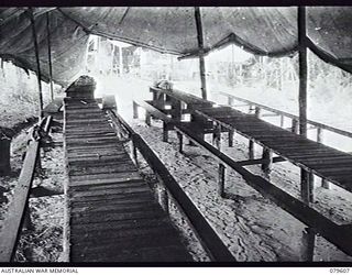 ORO BAY, NEW GUINEA. 1943-04. THE OTHER RANKS' MESS AT THE MEDICAL DRESSING STATION, 10TH FIELD AMBULANCE, ARMY MEDICAL CORPS