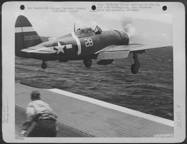 A Republic P-47 [318Th Fighter Group] Takes Off From The Flight Deck Of The Aircraft Carrier Uss Manila Bay, Which Ferried This Plane And Others From Oahu To Saipan, Marianas Islands. June 23, 1944. (U.S. Air Force Number A63748AC)