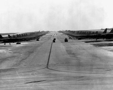 Maintenance and support vehicles are used to provide maintenance to parked B-52 Stratofortress aircraft, assigned to the Strategic Air Command (SAC), during Linebacker Operations over North Vietnam