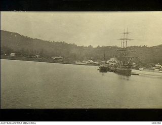 Simpson Harbour, New Britain. c. 1915. Vessels in the harbour off Rabaul. The Government steamer Meklong (left) and the American barque C.D. Bryant can be seen working copra at the New Guinea ..