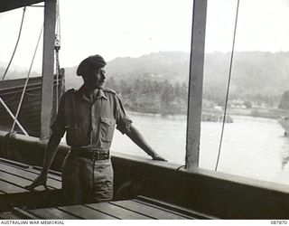 FINSCHHAFEN, NEW GUINEA. 1945-03-19. LIEUTENANT COLONEL G.A. PATTERSON, COMMANDING OFFICER, 3 SHIPS STAFF (AIF) ABOARD HT KATOOMBA
