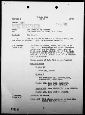 USS GUAM - War Diary, 10/1/45 TO 11/30/45