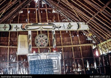 View of the altar area of the church in Kauwai showing carved decorations