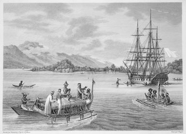 Pellion, Alphonse, 1796-1868 :Ile des Papous. Vue du mouillage de l'Uranie sur l'ile Rawak. Dessine par Garneray, d'apres A. Pellion. Grave par Niquet [1824]