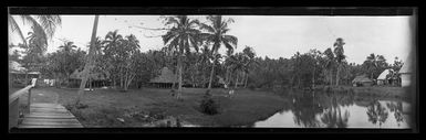 View in Samoa [probably near Apia], taken from a narrow pier looking across calm water back to palm and coconut trees