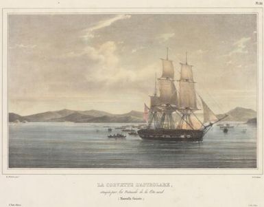 La corvette l'Astrolabe attaquée par les naturels de la cote nord, Nouvelle Guinée / de Sainson pinx.; A. St. Aulaire