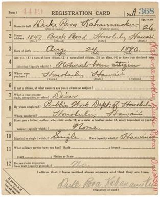World War I Draft Registration Card for Duke Paoa Kahanamoku