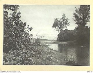 TSIMBA AREA, BOUGAINVILLE ISLAND. 1945-02-13. LOOKING FROM THE CAMP AREA OF THE 31/51ST INFANTRY BATTALION AT THE MOUTH OF THE GENGA RIVER NORTH WEST ACROSS TO TAIOF ISLAND. IT IS BELIEVED THAT THE ..