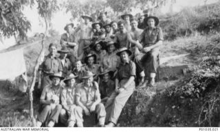 NADZAB, NEW GUINEA, 1943-10. SIGNALLERS FROM THE 21ST CAVALRY, REINFORCEMENTS TO THE NEW GUINEA AIR WARNING WIRELESS COMPANY (NGAWW). LEFT TO RIGHT, BACK ROW: CLARRIE ELLIS, LEN MONOHAN, JACK ..