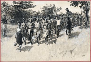Paget, Henry Marriott, 1857-1936 :The troubles in Samoa; Lieutenant Gaunt riding beside his native brigade, drawn by H M Paget. Original painting from 'The Graphic', 22nd July 1899.