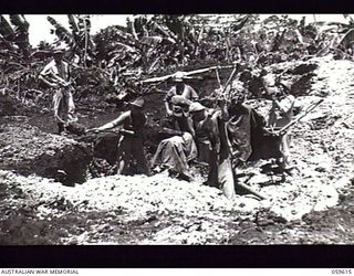 DREGER HARBOUR, NEW GUINEA. 1943-11-02. ANTI AIRCRAFT MEN OF THE 808TH UNITED STATES ENGINEER AVIATION BATTALION WORKING ON A GUN EMPLACEMENT ON THE EDGE OF THE NEW AIRSTRIP