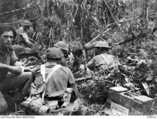 BOUGAINVILLE ISLAND. 1944-12-30. MACHINE GUNNERS OF THE 25TH INFANTRY BATTALION ON SMITH KNOLL USING THEIR MACHINE GUN ON JAPANESE SNIPERS HOLDING UP THE AUSTRALIAN ADVANCE ON JAPANESE POSITIONS IN ..