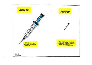 The "needle" "tool to combat Samoan measles tragedy and the "pinhead" "tool who drew mocking cartoon about Samoan measles tragedy"