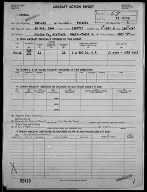 VMF-121 - ACA Form Rep #1 - Rep of Bombing & Strafing Yap Airfield, Yap Is, Carolines, 10/30/44