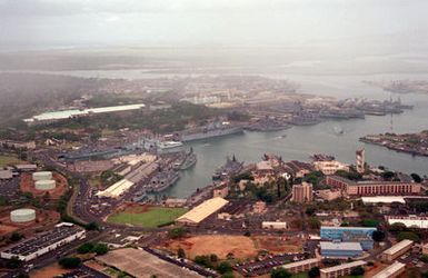An aerial view of U.S. Navy vessels in port
