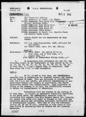 PENNSYLVANIA - Rep of Bombardments of Guam Is, Marianas, 7/12/44 to 8/3/44