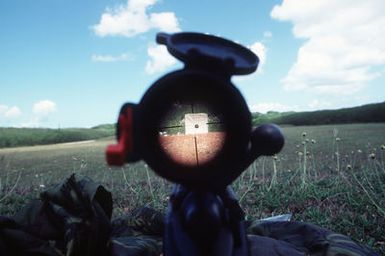 A view through the 20-X power telescopic gunsight mounted atop an M-91 .308 caliber sniper rifle of a target. The range to the target is 300 yards. View taken at the Naval Activities Guam shooting range