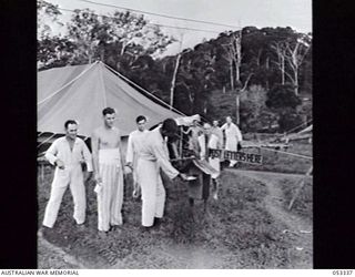 KOITAKI, NEW GUINEA. 1943-06-29. PATIENTS OF THE 2/2ND AUSTRALIAN CASUALTY CLEARING STATION GROUPED AROUND A LETTER BOX, MAILING LETTERS HOME