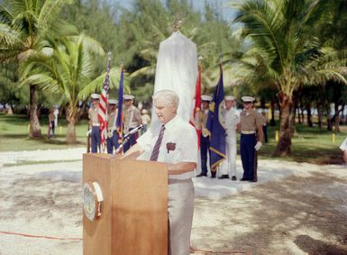 Mr. Paul Witek speaks on behalf of his brother, Private First Class (PFC) Frank Witek, during the Congressional Medal of Honor Monument dedication ceremony. PFC Witek is among four Marines being honored for heroism during World War II. The other men are Captain Louis Wilson, Jr., PFC Leonard Mason, PFC Luther Skaggs