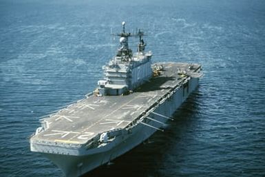 An aerial port bow view of the amphibious assault ship USS SAIPAN (LHA 2)