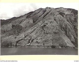 1943-04-20. NEW GUINEA. MILNE BAY. HILLS FALL SHEER TO THE WATER AND ARE COVERED WITH KUNAI GRASS FROM THREE TO TEN FEET HIGH. THE HILL SLOPES WERE LITTERED WITH THE BODIES OF JAPANESE WHO TRIED TO ..