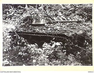 TOROKINA AREA, BOUGAINVILLE. 1945-07-28. AN M24 GENERAL CHAFFEE LIGHT TANK UNDERGOING TESTS FOR THE WAR OFFICE. IT IS VIEWED FROM ITS NEAR REAR SIDE WITH ITS GUN TRAVERSED IN THE 6 O'CLOCK POSITION ..